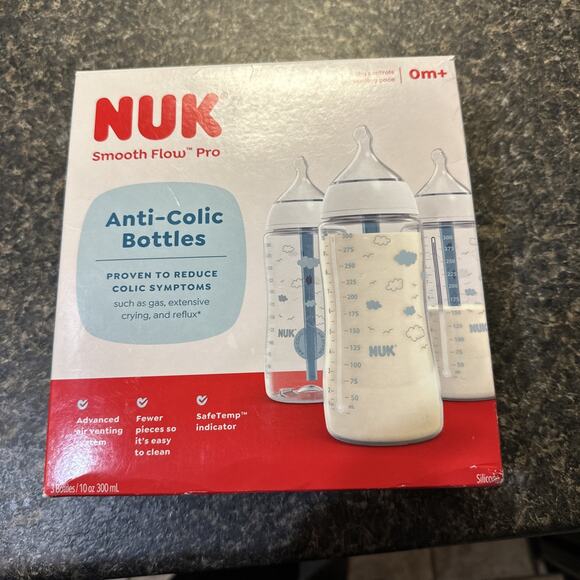 NUK Smooth Flow Anti Colic Baby Bottle,Clouds/Birds, Neutral 10oz (PK of 3) OB - Picture 1 of 2